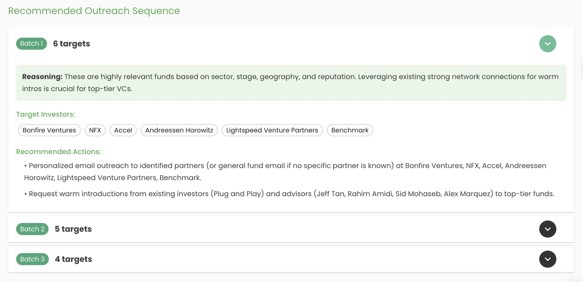 Recommended outreach sequence grouping investors into batches with reasoning for each