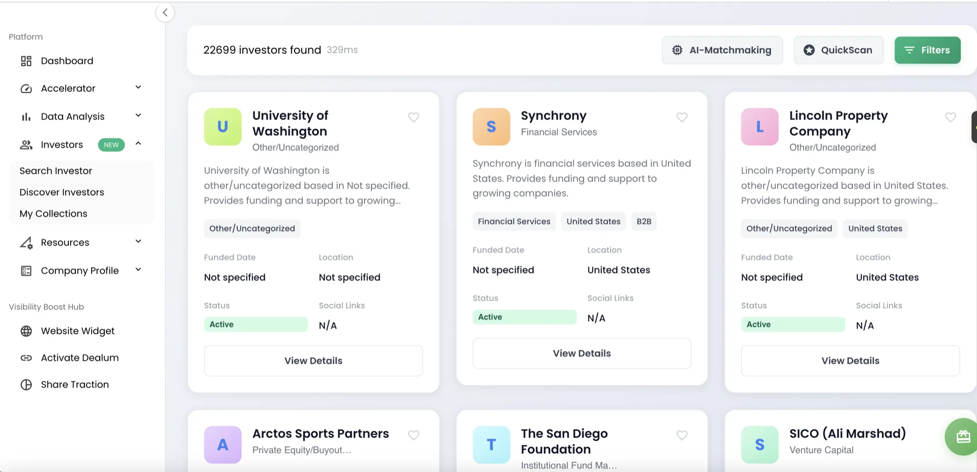 Peachscore investor database with search filters and a grid of investor profile cards